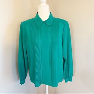 Vintage Green Pleated Long Sleeve Secretary Button Down Blouse Shirt Large Retro
